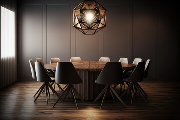 Meeting room interior with wooden round table, ceiling lamp and black chairs