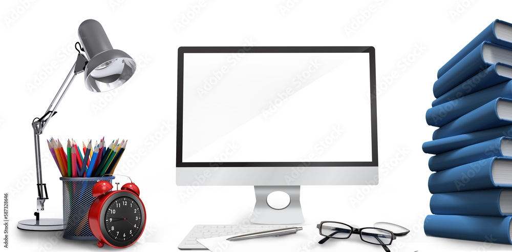 Poster Digital composite image of computer with files on desk 