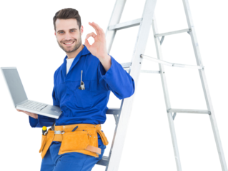 Construciton worker gesturing OK while leaning on ladder