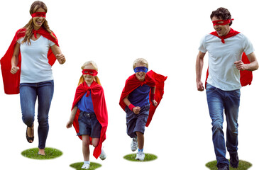 Happy family pretending to be superhero running