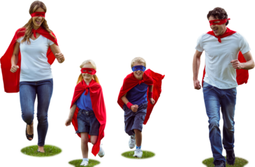 Happy family pretending to be superhero running