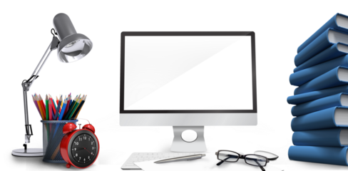 Digital composite image of computer with files on desk 