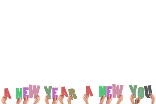 Colorful alphabet spelling a new year a new you held up by people 
