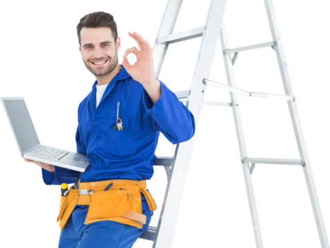 Construciton worker gesturing OK while leaning on ladder