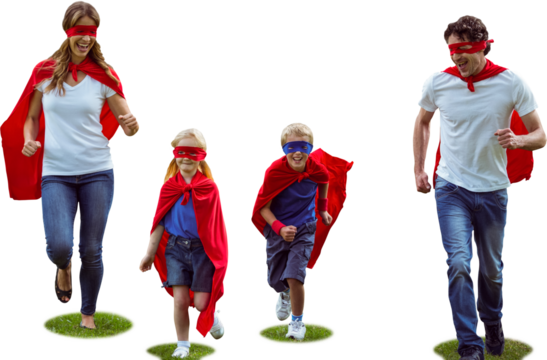 Happy family pretending to be superhero running