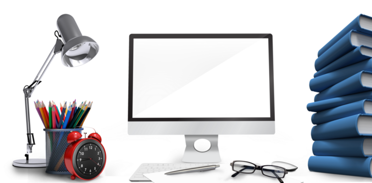 Digital composite image of computer with files on desk 