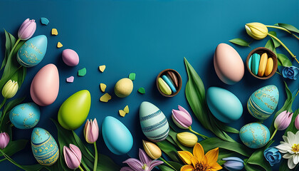 Fototapeta na wymiar Colorful Easter eggs on a blue background with a flower.