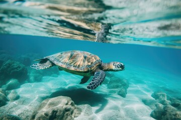 Blue tropical water with a hawksbill turtle. Generative AI