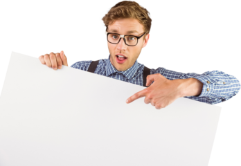 Geeky hipster showing a card