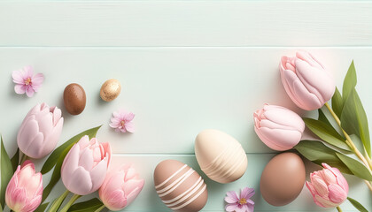 Easter eggs on bright wooden background with tulips