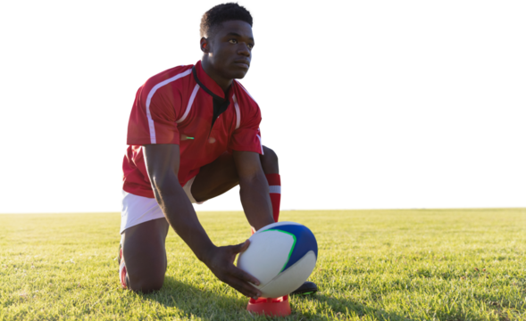 African-american rugby player on field