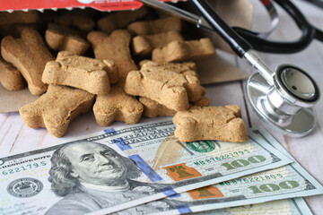 Vet veterinarian bill invoice with stethoscope and dog treats. Medical cost of pets concept
