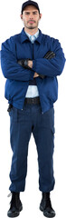 Security standing with arms crossed