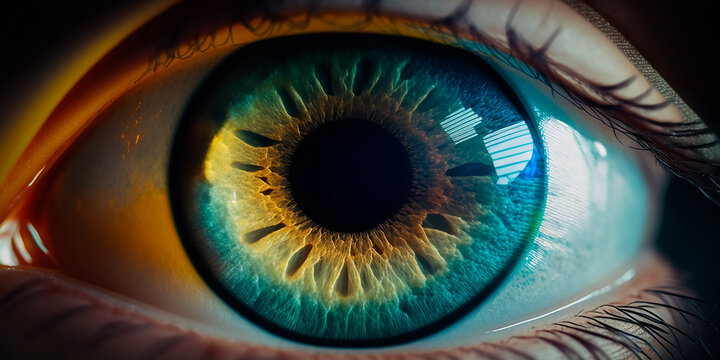 Close up of abstract human eye in rainbow color, realistic beautiful sharp zoom. Generative AI