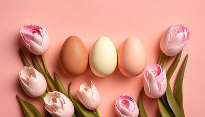 Easter eggs on a pink background with pink flowers