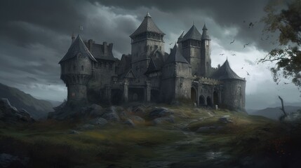 Naklejka premium Abandoned Medieval Castle Ruins in the Moor, Concept Art, Digital Illustration, Generative AI