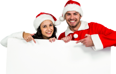 Festive couple showing poster