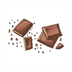 A hand-drawn colored sketch of pieces of chocolate bars. Vintage illustration. Element for the design of labels, packaging and postcards.