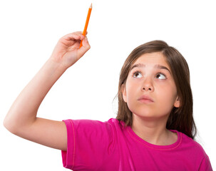 Naklejka premium Cute pupil writing with pencil