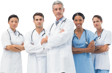 Portrait of confident male doctor with medical team