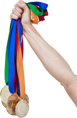 Close up of a hand holding medals