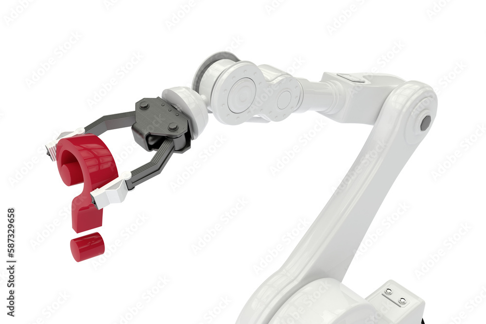 Poster close up of robotic arm with red question mark