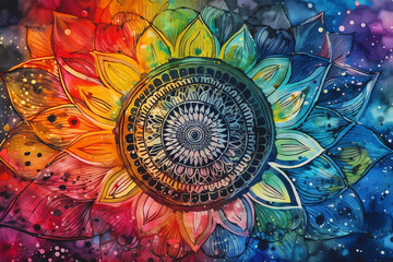 intricate mandala in rainbow hues. digital art illustration. generative AI