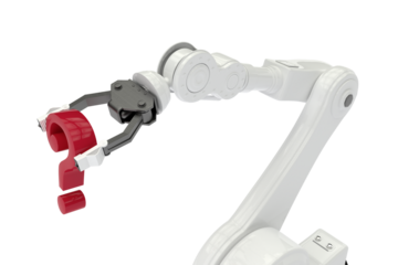 Close up of robotic arm with red question mark