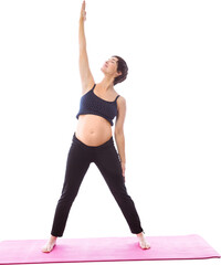 Pregnant woman standing hand raised on exercise mat