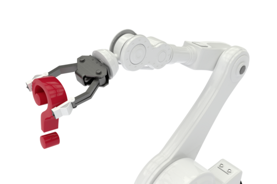 Close up of robotic arm with red question mark - Powered by Adobe