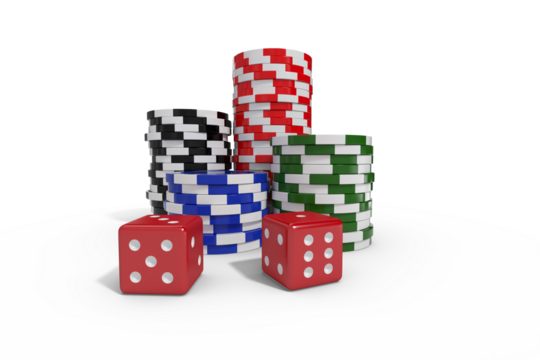 Red dice with stack of colorful casino tokens