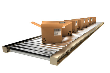 Row of cardboard boxes on conveyor belt - Powered by Adobe