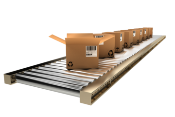 Row of cardboard boxes on conveyor belt