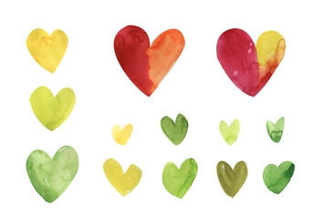 A set of red, yellow and green hearts. Watercolor background highlighted on a white background, the elements are perfect for postcards, romance, love, wedding, Valentine's day