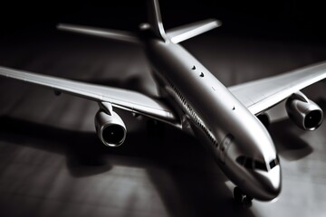 Airplane tiny toy close up shot. Travel and vacations concept for agencies. Generative AI