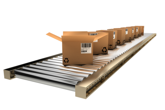 Row of cardboard boxes on conveyor belt