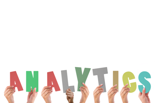 Colorful alphabet spelling analytics held up by people  - Powered by Adobe