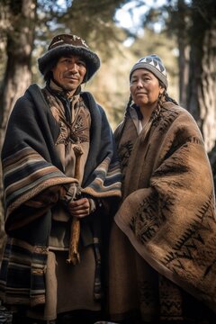 Mapuche couple looking at camera. Natives coming from the south of Chile and Argentina. low angle view. Generative AI vertical shot