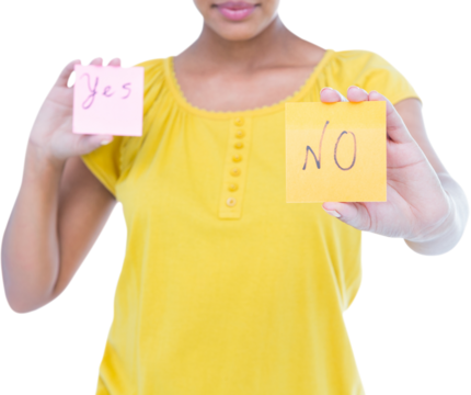  Midsection of woman holding yes no signs