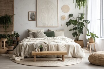 Contemporary romantic scandi boho bedroom with beautiful cushions, green plant, and vacant wall for posters or art mock ups. Cozy warm home. Slow living. Generative AI
