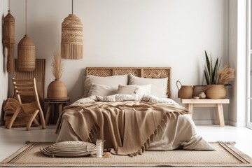 Boho bedroom mockup with wooden bed, fringed beige blanket, linen cushion with tassels, dried pampas grass, and basket lamp on empty white backdrop. Generative AI