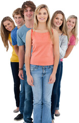 Full length shot of a smiling group standing behind one another at various angles