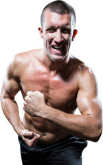 Excited shirtless man flexing muscles
