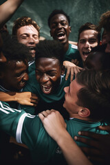 Soccer team celebrating victory euphoric. Generative AI vertical shot