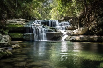 Misty waterfall falling in to clear water natural pool. Generative AI