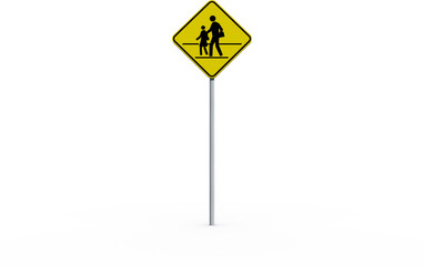 Yellow pedestrian crossing sign with pole