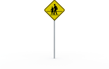 Yellow pedestrian crossing sign with pole