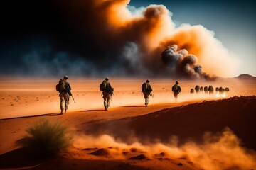 Fototapeta na wymiar military special forces soldiers crosses destroyed warzone through fire and smoke in the desert, wide poster design with copy space area
