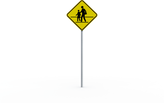 Yellow pedestrian crossing sign with pole
