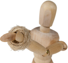 3d image of wooden figurine with tied hands